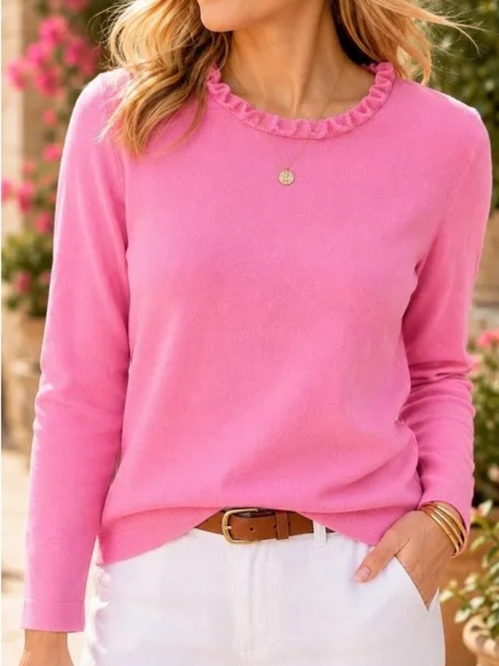 J. Crew Pink Ruffle-Trim Crewneck Sweater
